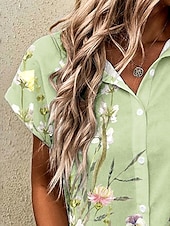 abordables Hauts Floraux-Femmes Chemise A Ombre Fleuri Graphique ancien Tropical Quotidien Manche Courte Mancheron Col de chemise Hauts Longs Quotidien Vert Claire Été Printemps