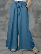 economico Pantaloni in lino e cotone semplici-Pantaloni in Cotone e Lino da Donna Pantaloni Baggy a Gamba Larga Colore Unito Vacanza Base Casual Lunghezza Completa Vita Alta Semplice Tasca Elasticizzato Comfort Esterno Micro-elastico Vacanza