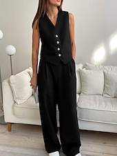 abordables Ensembles chemisiers pour femmes-Femmes Actif Mode Chemisier Gilet Ensembles de Pantalons Sans manches Col en V Couleur Unie Dubbele Rij Knopen Extérieur Fête Noir Marron Gris Été Coupe régulière