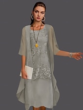 abordables Avec veste-Robe de mère de la mariée à deux pièces pour mariage à la plage invitée de mariage élégant col en V longueur thé chiffon dentelle sans manches vestes avec appliqués 2025 taille personnalisée gratuite