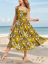 preiswerte Blumenkleider-Damen Midikleid Sommerkleid A Linie Kleid Schulterfreies Kleid Urlaub Lässig Formpassend Blumen Grafik Ärmellos U-Ausschnitt Rundausschnitt Gelb Rote Blau Purpur Sommer