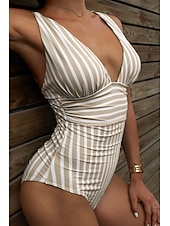 abordables Maillots de bain une pièce-Femmes Maillots de Bain Une Pièce Maillot de bain Dos nu Tropical Tenues de plage Rayé Fil en V Sans manches Maillots de bain
