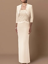 abordables Ensembles de robes pour maman-Robe fourreau mère de la mariée invitée de mariage élégante grande taille encolure droite longueur au sol en chiffon satin dentelle sans manches robes à courte veste avec ceinture  appliques en ruban