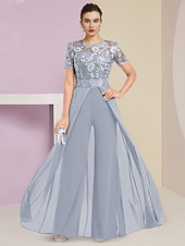 cheap Mom&#039;s Jumpsuits-Beach Wedding Jumpsuit / Pantsuit Mother of the Bride  Wedding Guest Elegant Jewel Neck Ankle Length Stretch Chiffon Short Sleeve with Lace Pleats free custom size