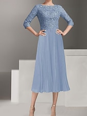 abordables Moins de 129,99 $-Robe Robe de Mère de Mariée  Élégant ancien Simple Col ras du cou Longueur thé Polyester Manche 3/4 avec Dentelle Couleur Unie 2025