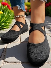 billige Flate sko til kvinner-strikkede, kryssreimer for kvinner med bred passform mary jane flats – lette flystrikkede barfotsko for våren og daglig bruk