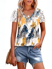 levne tričko umění a designu-Womenské blůzy Krajka Splicing Top Květinové Listy Stylový Neformální Krátký rukáv V Krk Pravidelné topy Denní Krajkový potisk Žlutá Modrá Meruňková Léto Jaro