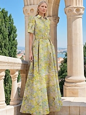 billige blomster-Jacquard Brokade Blomstret A-Linje Kvelds kjole Elegant Kjole Formell Bryllup Gulvlengde Kort Erme Skjortekrage Nylon med Splitt Lomme Bryllupsgjest Kjole