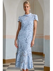 abordables Robes de cocktail-Robe Cocktail Colonne Jaune Bleue Élégante Robe Brodée Mariage Formelle Longueur Cheville Manches Courtes Col Montant Dentelle avec Fente