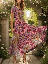 abordables Robes Boho-Femmes Robe maxi Robe Décontractée Robe trapèze Robe d&#039;été Vacances ancien Ethnique Coupe régulière Graphique Géométrique Motif cachemire damassé bohème Manche Courte Col carré Rouge Bleu Ét