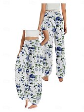 billiga Grafisk linnebyxa i bomull-Dam Linneinspirerade byxor Brett skaft Byxor Etnisk Stil Ledigt Boho Fullängd Hög midja Blommig Ficka Elastisk midja Tryck Mateial som andas Mjuk Microelastisk Utomhus Yoga Vit Ljusgrön Rosa Marinblå