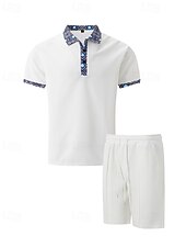 cheap Sports-Men&#039;s Waffle Polo Shirts Golf Shirt Work Casual Lapel Short Sleeve Basic Modern Color Block Patchwork 2 Piece Summer Regular Fit Black White Royal Blue Khaki Gray Waffle Polo Shirts