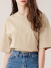 abordables Chemises-Femmes Chemise en lin Chemisier Uni Occasionnel Manche Courte Col ras du cou Hauts Réguliers Quotidien Fête Sortir Noir Jaune Rose Claire Abricot Été