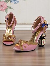 economico Scarpe vintage da donna-sandali da donna in velluto bordeaux con decorazioni dorate – sandali con cinturino alla caviglia in stile barocco con tacchi a blocco decorativi per eventi formali, feste in maschera e spettacoli teatrali