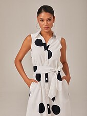 preiswerte Blumenkleider-Damen blusenkleid Saum Maxi Maxidress Weiß Ärmellos Punkt Tasche Bindegürtel Sommer Kargen Casual S M L