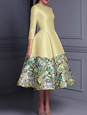 abordables Robes de cocktail-Robe cocktail élégante en A brodée floral robe formelle mariage longueur cheville manches longues col crew satin avec fente