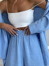 abordables Ensembles-Femmes Mode Streetwear Ensembles en coton et lin Ensembles deux pièces Ensembles de Shorts Manche Courte Col de chemise Uni Tenue quotidienne Date Blanche Bleu Orange Été Coupe régulière