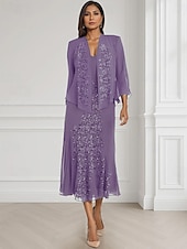 economico Con giacca-Due Pezzi Linea ad A Abito da cerimonia per signora Formale Ospite di nozze Elegante Collo quadrato Lunghezza al pavimento Chiffon Manica Lunga Con Stola con Pizzo A balze Ricamo 2025