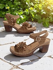 billiga Komfortsandaler-blomsandaler med tjocka klackar för kvinnor – bruna sommarskor i konstläder med ankelrem och 3d-blomsterdesign för trädgårdspromenader och utomhussammankomster