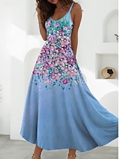 preiswerte Blumenkleider-Damen Maxikleid A Linie Kleid Unterkleid Urlaub Lässig Strand Ausgehen Strand Normale Passform Blumen Grafik Ärmellos V Ausschnitt Schwarz Grün Hellgrün Rote Blau Sommer Frühling