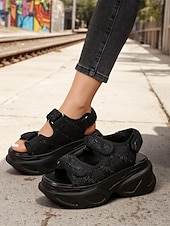 tanie Casual sandały-damskie sandały na grubej platformie z denimu – sportowe buty na koturnie z paskiem na rzep na festiwale i miejski styl uliczny