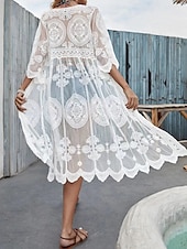 preiswerte Strand Tops-Damen Badeanzug Überwurf Bademode Spitze Patchwork Tropisch Strandbekleidung Einfarbig V-förmiger Draht-Ausschnitt Kurze Ärmel Badeanzüge