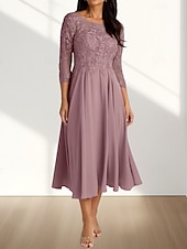 abordables Longueur du thé-Robe Mère de la Mariée A-Line Invité de Mariage Élégante Col Arrondi Longueur Thé Chiffon Manches 3/4 avec Plis Appliques Robe Midi 2025