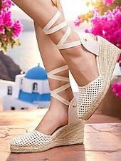 baratos Sandálias de Férias-sandálias femininas de cunha espadrille trançadas – sapatos de verão fechados com cadarço para praia, férias e roupas boho