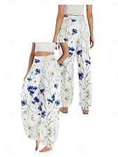 economico Pantaloni-Per donna Pantaloni ispirati al lino Gamba larga Pantaloni Stile Etnico Casual Boho Lunghezza intera Vita Alta Floreale Foglia Tropicale Tasca Elastico in vita Stampa Traspirabilità Morbido