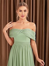 baratos Vestidos para Madrinhas-Linha A Vestido de Madrinha Ombro a Ombro Sem Manga Elegante Longo Chiffon com Pregas 2022