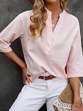 abordables Camisas-Mujer Camisa Color sólido Plano Bohemia Diario Elegante Manga 3/4 Cuello Alto Tops regulares Diario Festivos Noche Botones Negro Rosa Azul Piscina Morado Verde Trébol Verano Primavera