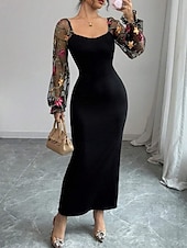 ieftine Rochii florale elegante-Pentru femei Rochie Lunga Rochie Maxi Rochie de bal Rochie casual Rochie de vară Elegant Modă În aer liber Petrecere Concediu Fit regulat Floare Manșon Lung În V Negru Vară Primăvară