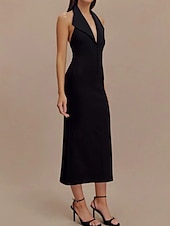 levne Koktejlové šaty-Tuxedo Šaty Přiléhavé  Sloupec Koktejlové Šaty Elegantní Poloneformální Svatební Čajová Délka Bez Rukávu V Krku Stretch Krepa
