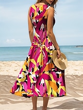 preiswerte Streifen- und geometrische Kleider-Damen Midikleid Freizeitkleid Sommerkleid A Linie Kleid Schulterfreies Kleid Urlaub Lässig Normale Passform Grafik Geometrisch Abstrakt Ärmellos U-Ausschnitt Rundausschnitt Rote Blau Purpur Grün