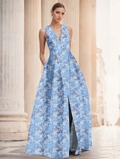 baratos AZUL-Linha A Vestidos de noite Elegante Vestido Formal Casamento Longo Sem Manga Decote V Fibra Sintética com Estampa floral Fenda Bolsos 2025