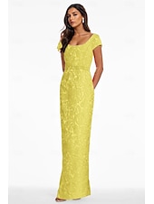 cheap Cocktail Dresses-Pink Jacquard Floral Column Evening Gown Elegant Dress Formal Wedding Ankle Length Short Sleeve V Neck Nylon with Floral Print Slit Pocket Wedding Guest Dress