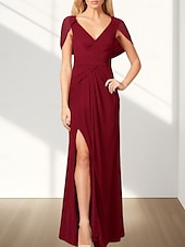 abordables Robes pour invitées de mariage-Robes d&#039;invitée de mariage A-Line Élégante Robe Invitée de mariage Fiançailles Longueur de sol Sans manches Col en V Chiffon Dos drapé avec plis Fente