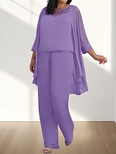 billige Gulvlengde-Jumpsuit  Buksedress 3 Delt Mor til bruden Kjole Bryllupsgjest Elegant Ledig Rund Utringning Gulvlengde Chiffon 3/4 Lengde Ermer med Perleapplikasjoner