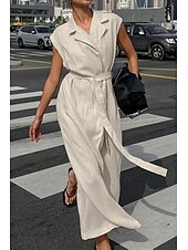 abordables concevoir des robes en coton et lin-Femmes Robe Midi Robe Chemise Robe en coton et lin Moderne Quotidien Sortir Week-end Coupe régulière Uni Sans manches Col de chemise Kaki Été