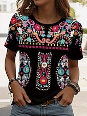 ieftine tricou boho-Pentru femei Tricou Floral Grafic Plante Boemia Epocă Έθνικ Manșon scurt Stil Nautic Topuri obișnuite Zilnic Ieșire Sfârșit de săptămână Imprimeu Negru Roz Îmbujorat Albastru Prăfuit Kaki Vară