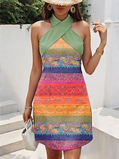 ieftine Rochii florale-Pentru femei Rochie Mini Rochie de Vară Rochie A line Vacanță Casual În aer liber Ieșire Fit regulat Floral Grafic Fără manșon Gâtul halter Alb Albastru piscină Trifoi Vară