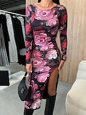preiswerte Elegante Blumenkleider-Damen Midikleid Blumenkleid Sommerkleid Mode Modern Täglich Date Wochenende Normale Passform Blume Langarm Rundhalsausschnitt Schwarz Weiß Rose Sommer