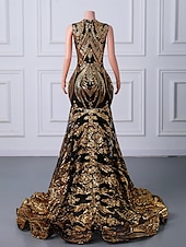 preiswerte SCHWARZ-Schwarzes Meerjungfrau Abendkleid Pailletten Elegantes Kleid Karneval Formal Gericht Zug Ärmellos Illusionshals Afroamerikanisches Maskenkleid