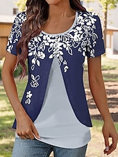 baratos Camiseta floral-Mulheres Camiseta Floral Gráfico Elegante Vintage à moda Manga Curta Gola Redonda Decote Redondo Tops regulares Diário Para Noite Patchwork Botões Em Camadas Azul Marinha Verão Primavera