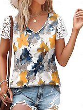 levne tričko umění a designu-Womenské blůzy Krajka Splicing Top Květinové Listy Stylový Neformální Krátký rukáv V Krk Pravidelné topy Denní Krajkový potisk Žlutá Modrá Meruňková Léto Jaro