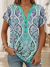 abordables T-shirt Boho-Femmes T-shirt Graphique Tribal Élégant Occasionnel Boho Manche Courte Col en V Hauts Réguliers Quotidien Imprimé Bleu Fuchsia Vert Été Printemps