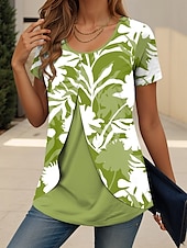 billige Blomster t-skjorte-Dame T skjorte Blomstret Grafisk Elegant Årgang trendy Kortermet Crew-hals Vanlige topper Daglig Ut på byen Lapper Knapper Lag-på-lag Blå Lilla Grønn Sommer Vår