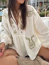 ieftine Cămăși-Pentru femei Cămașă Cămașă din bumbac și in Bluză Floare Casual Manșon Lung În V Topuri obișnuite Zilnic Concediu Ieșire Imprimeu Alb Trifoi Vară