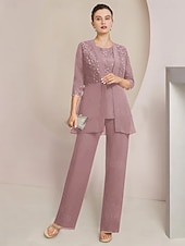 levne Máminy kalhotové kostýmy-Plážový svatební overal  kalhotový oblek 3 díly pro matku nevěsty formální svatební host elegantní šaty s kulatým výstřihem podlahová délka z chiffonu krajky třpytivé 3/4 délka rukávu s krajkovým