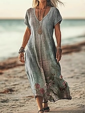 abordables Robes Bohémiennes-Femmes Robe Longue Maxi Robe Robe Décontractée Robe d&#039;été Robe bohème africain Vacances Quotidien Week-end Coupe régulière Fleuri Manche Courte Col en V Vert Claire Violet Vert Abricot Été